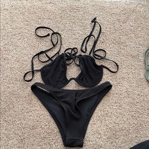 Black Textured Tie-Strap Bikini Set - Women's Swim